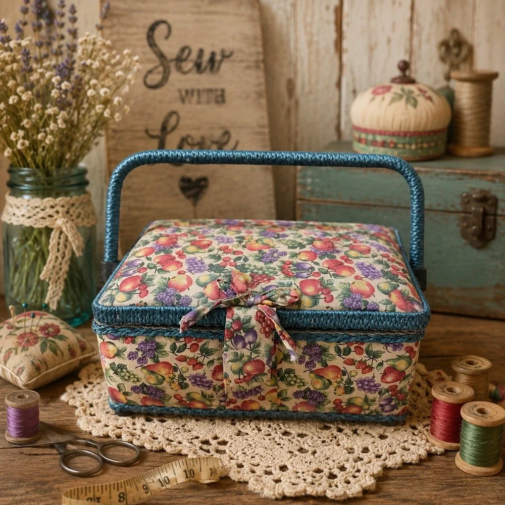 Vintage Fruit Print Sewing Basket Teal Wicker Trim Floral Craft Storage Box